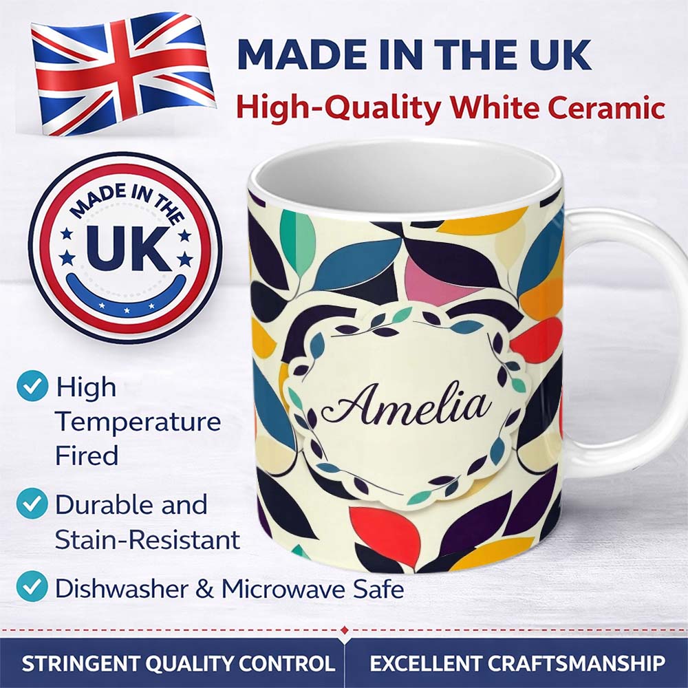 Personalized Custom Name Abstract Stylised Leaf Pattern Soft Colors Seamless Name Cute 11oz Ceramic Coffee Tea Mug White Large Handle