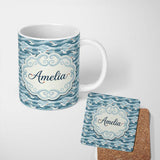 Personalized Custom Name Seagulls Flying Over Ocean Waves Blue Coastal Seamless Pattern 11oz Ceramic Coffee Tea Mug White Large Handle