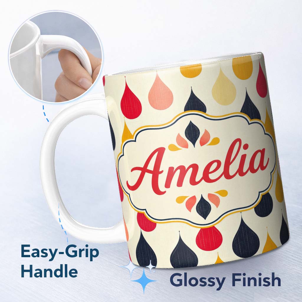 Personalized Custom Name Abstract Hanging Teardrop Motif Minimal Seamless Pattern Name Cute 11oz Ceramic Coffee Tea Mug White Large Handle