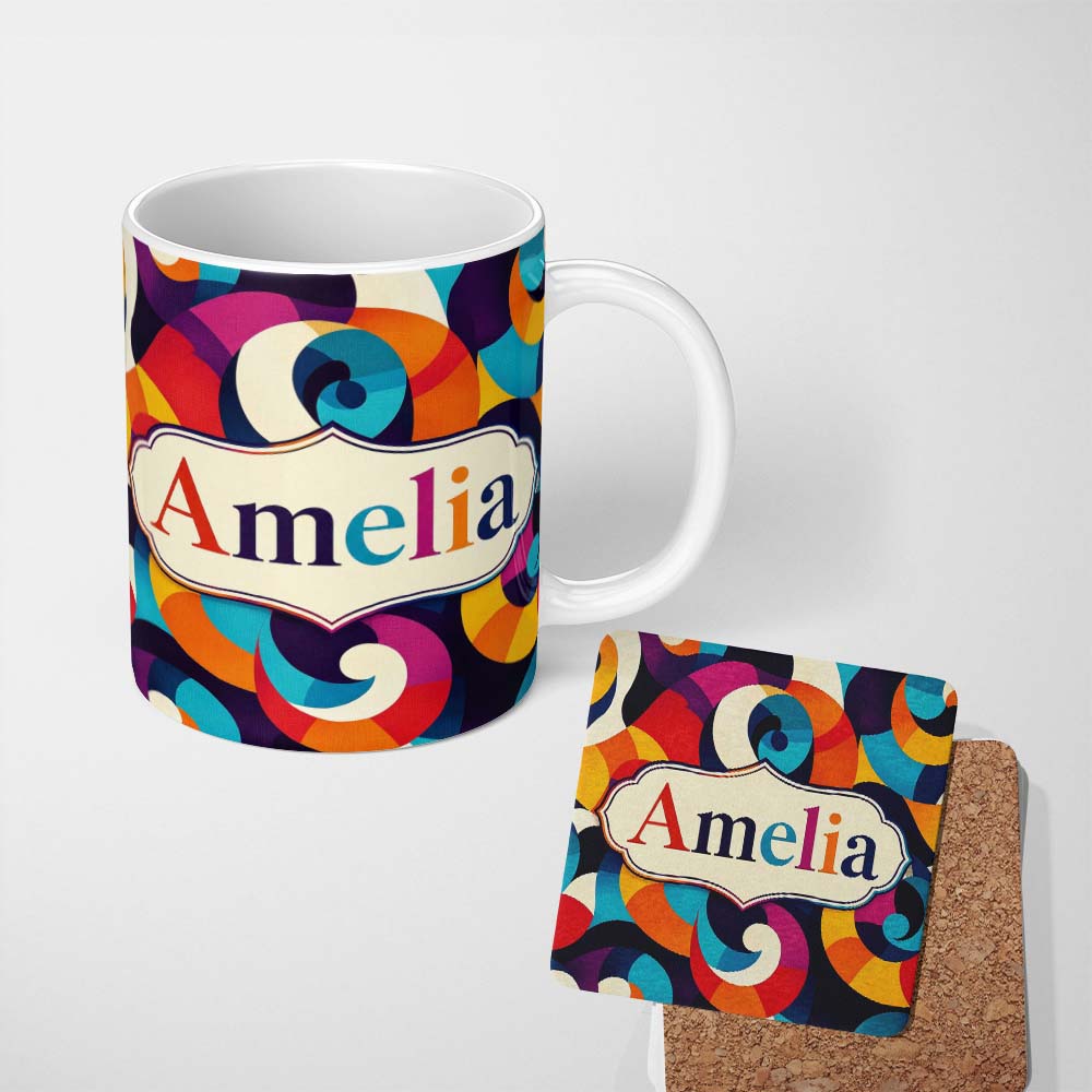 Personalized Custom Name Abstract Colorful Spiral Swirl Geometry Seamless Pattern Name Cute 11oz Ceramic Coffee Tea Mug White Large Handle