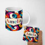 Personalized Custom Name Abstract Colorful Spiral Swirl Geometry Seamless Pattern Name Cute 11oz Ceramic Coffee Tea Mug White Large Handle