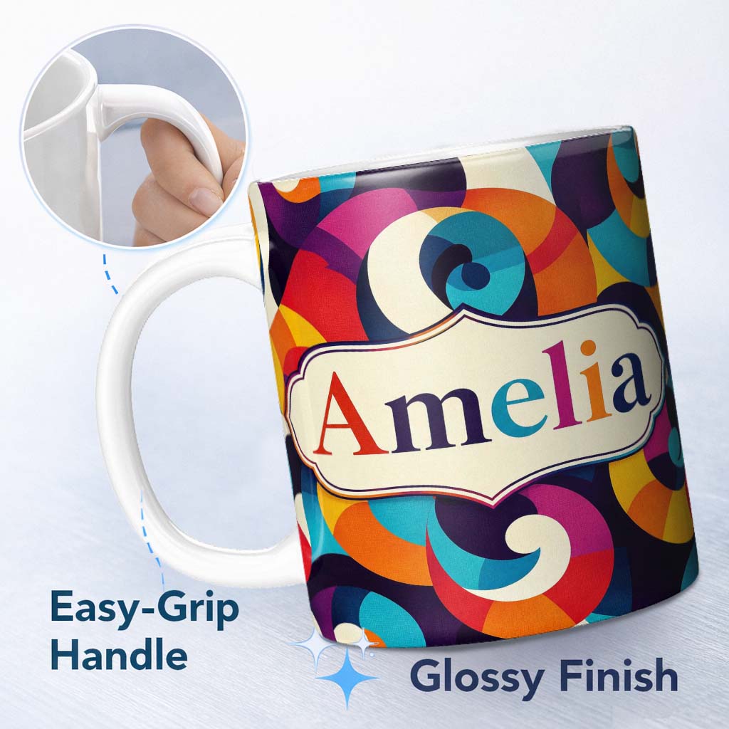 Personalized Custom Name Abstract Colorful Spiral Swirl Geometry Seamless Pattern Name Cute 11oz Ceramic Coffee Tea Mug White Large Handle