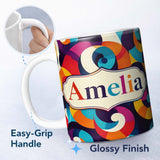 Personalized Custom Name Abstract Colorful Spiral Swirl Geometry Seamless Pattern Name Cute 11oz Ceramic Coffee Tea Mug White Large Handle