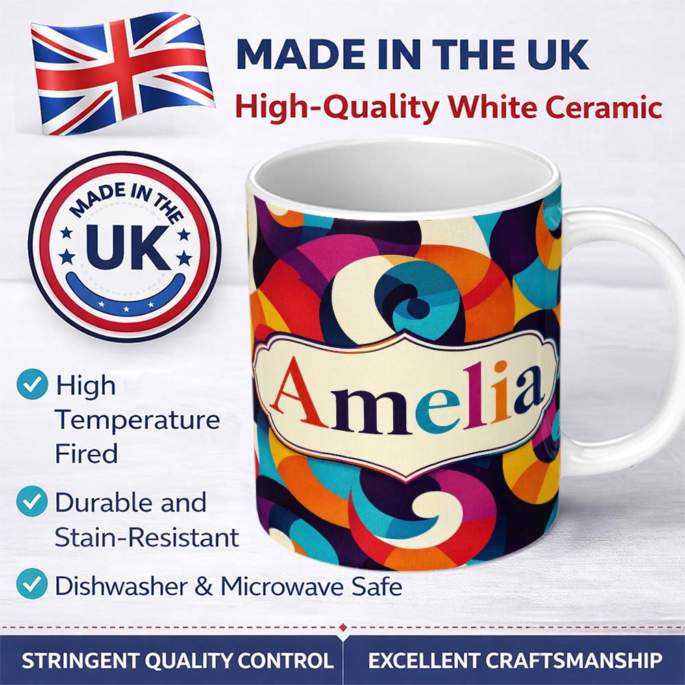 Personalized Custom Name Abstract Colorful Spiral Swirl Geometry Seamless Pattern Name Cute 11oz Ceramic Coffee Tea Mug White Large Handle