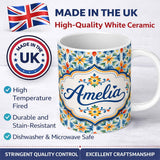 Personalized Custom Name Vibrant Watercolour Floral Tile Pattern in Blue Orange and Yellow 11oz Ceramic Coffee Tea Mug White Large Handle