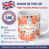 Personalized Custom Name Dalmatian Dogs Hearts Peach Background Seamless Pattern Lovely 11oz Ceramic Coffee Tea Mug White Large Handle