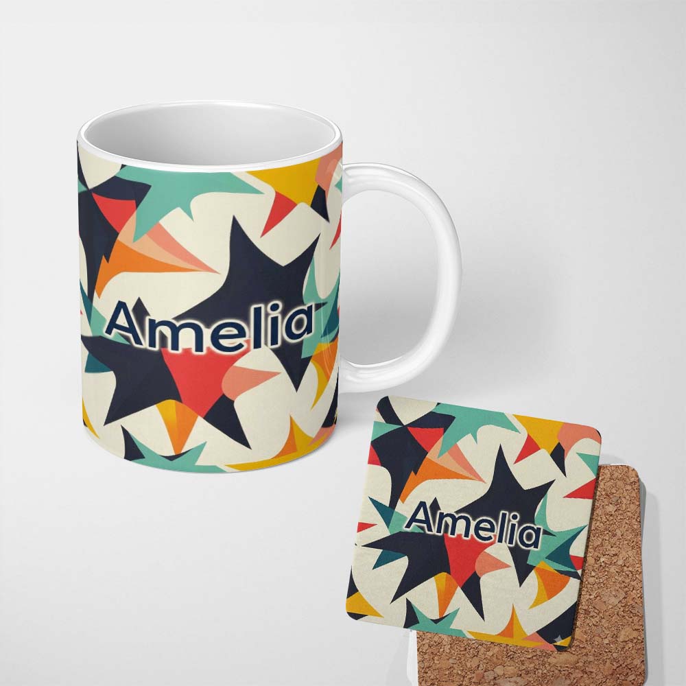 Personalized Custom Name Abstract Bold Starburst Shapes Modern Art Seamless Pattern Name Cute 11oz Ceramic Coffee Tea Mug White Large Handle