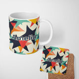 Personalized Custom Name Abstract Bold Starburst Shapes Modern Art Seamless Pattern Name Cute 11oz Ceramic Coffee Tea Mug White Large Handle