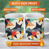 Personalized Custom Name Abstract Bold Starburst Shapes Modern Art Seamless Pattern Name Cute 11oz Ceramic Coffee Tea Mug White Large Handle