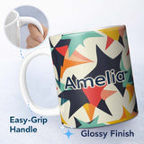 Personalized Custom Name Abstract Bold Starburst Shapes Modern Art Seamless Pattern Name Cute 11oz Ceramic Coffee Tea Mug White Large Handle