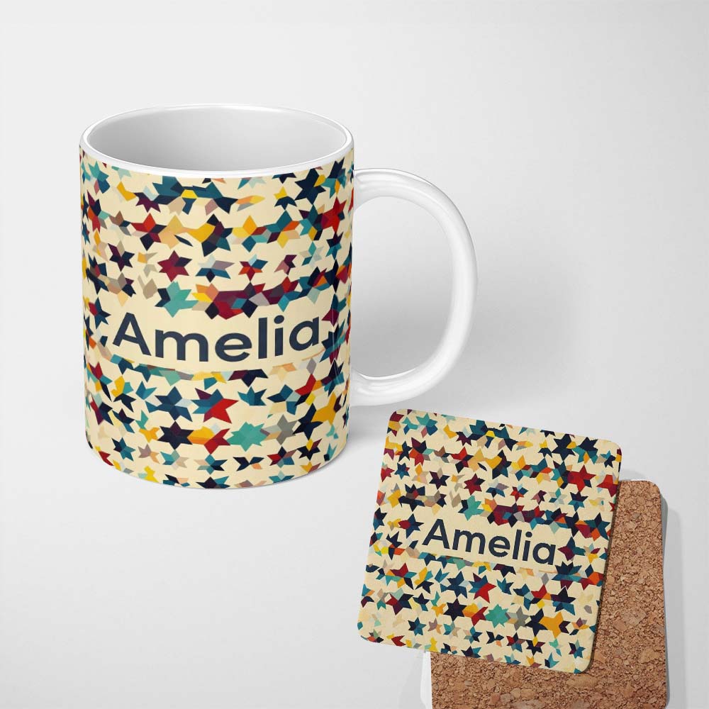 Personalized Custom Name Abstract Multicolor Star Mosaic Geometric Seamless Pattern Name Cute 11oz Ceramic Coffee Tea Mug White Large Handle