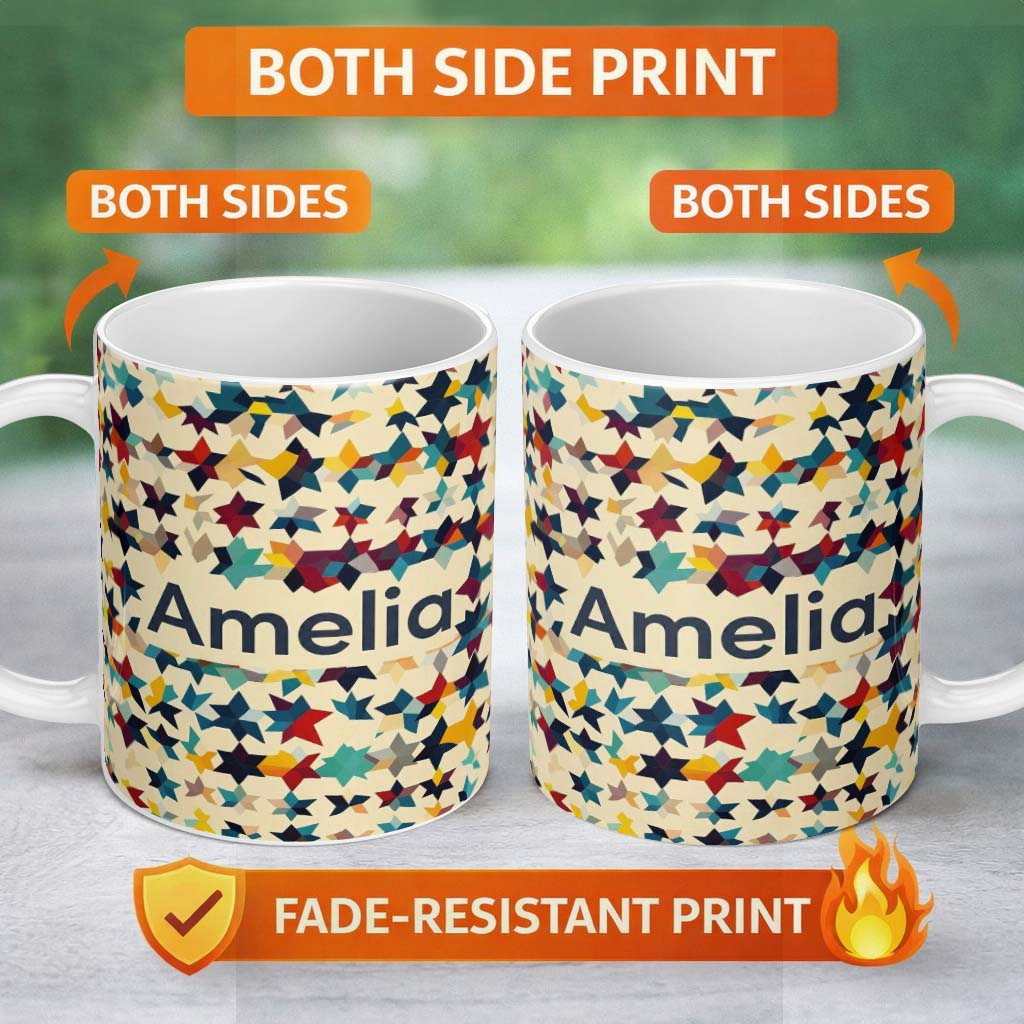 Personalized Custom Name Abstract Multicolor Star Mosaic Geometric Seamless Pattern Name Cute 11oz Ceramic Coffee Tea Mug White Large Handle