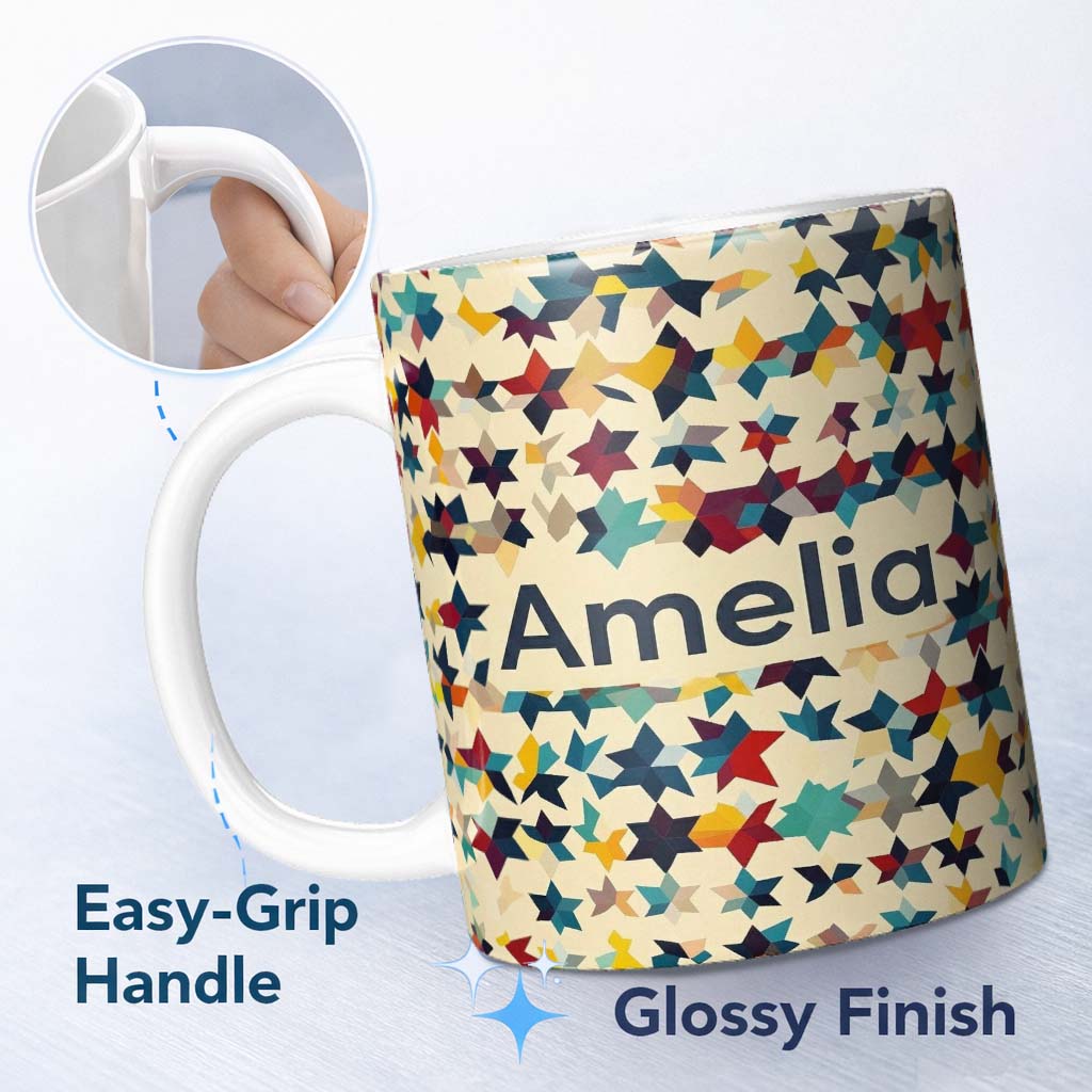 Personalized Custom Name Abstract Multicolor Star Mosaic Geometric Seamless Pattern Name Cute 11oz Ceramic Coffee Tea Mug White Large Handle