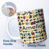 Personalized Custom Name Abstract Multicolor Star Mosaic Geometric Seamless Pattern Name Cute 11oz Ceramic Coffee Tea Mug White Large Handle