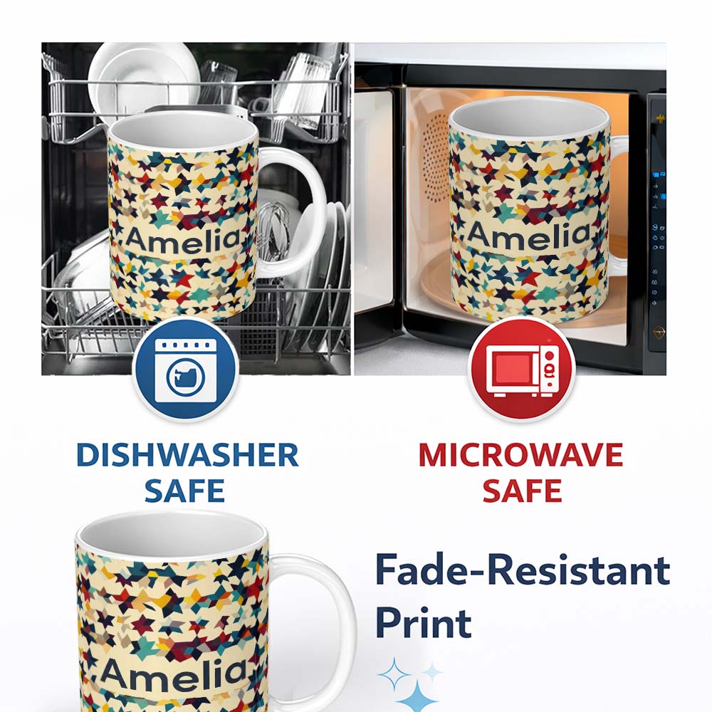 Personalized Custom Name Abstract Multicolor Star Mosaic Geometric Seamless Pattern Name Cute 11oz Ceramic Coffee Tea Mug White Large Handle