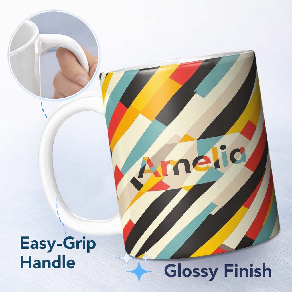 Personalized Custom Name Abstract Diagonal Color Stripes Geometric Seamless Pattern Name Cute 11oz Ceramic Coffee Tea Mug White Large Handle