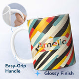 Personalized Custom Name Abstract Diagonal Color Stripes Geometric Seamless Pattern Name Cute 11oz Ceramic Coffee Tea Mug White Large Handle