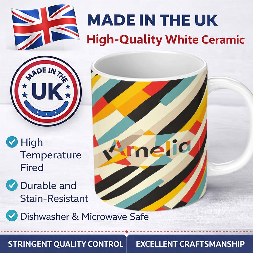 Personalized Custom Name Abstract Diagonal Color Stripes Geometric Seamless Pattern Name Cute 11oz Ceramic Coffee Tea Mug White Large Handle