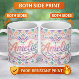 Personalized Custom Name Pastel Geometric Art Deco Watercolor Seamless Pattern Design Lovely 11oz Ceramic Coffee Tea Mug White Large Handle