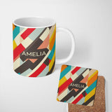 Personalized Custom Name Abstract Bold Layered Stripe Shapes Modern Art Seamless Pattern 11oz Ceramic Coffee Tea Mug White Large Handle