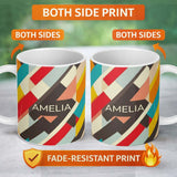 Personalized Custom Name Abstract Bold Layered Stripe Shapes Modern Art Seamless Pattern 11oz Ceramic Coffee Tea Mug White Large Handle