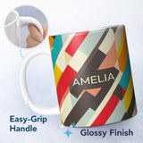 Personalized Custom Name Abstract Bold Layered Stripe Shapes Modern Art Seamless Pattern 11oz Ceramic Coffee Tea Mug White Large Handle