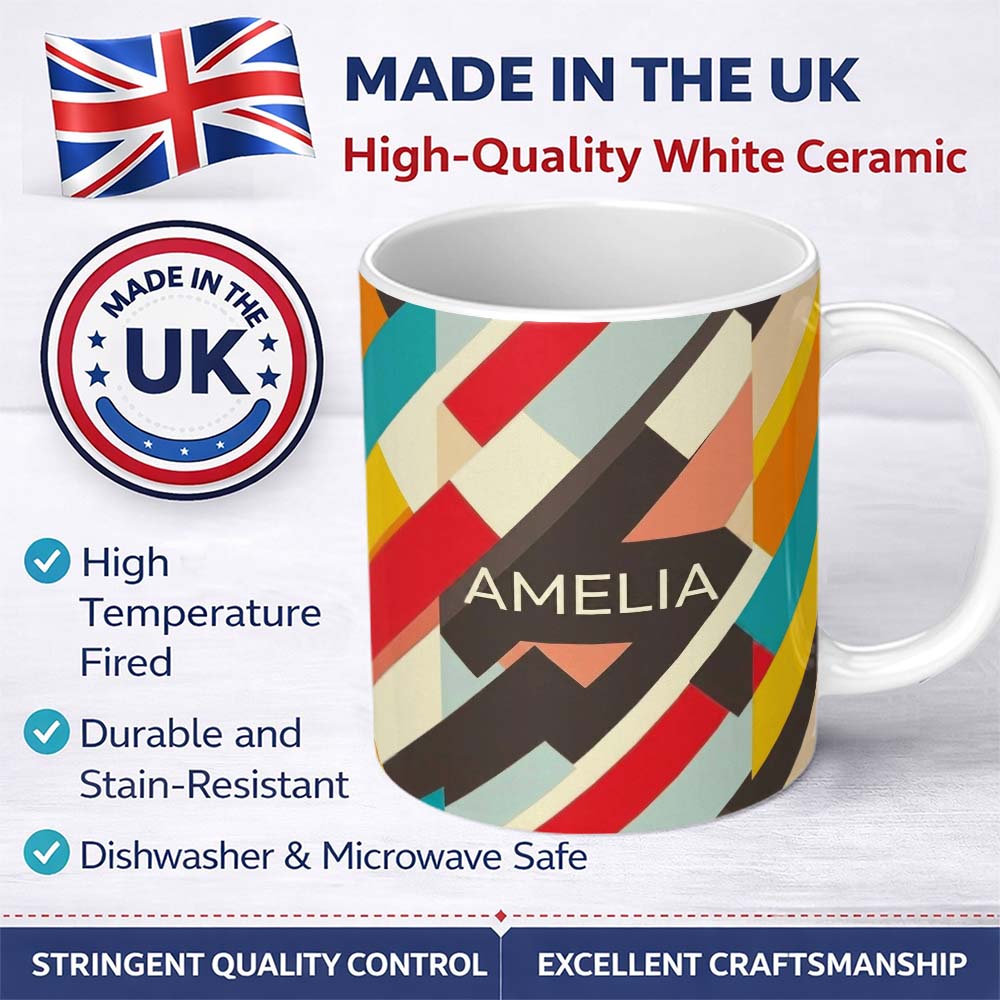 Personalized Custom Name Abstract Bold Layered Stripe Shapes Modern Art Seamless Pattern 11oz Ceramic Coffee Tea Mug White Large Handle