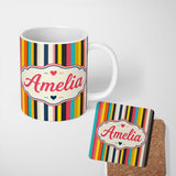 Personalized Custom Name Abstract Vertical Multicolor Stripe Style Seamless Pattern Name Cute 11oz Ceramic Coffee Tea Mug White Large Handle