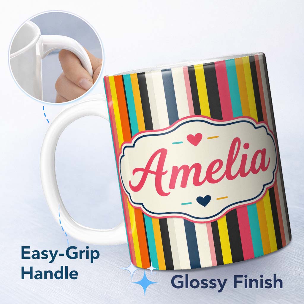 Personalized Custom Name Abstract Vertical Multicolor Stripe Style Seamless Pattern Name Cute 11oz Ceramic Coffee Tea Mug White Large Handle