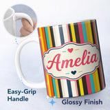 Personalized Custom Name Abstract Vertical Multicolor Stripe Style Seamless Pattern Name Cute 11oz Ceramic Coffee Tea Mug White Large Handle