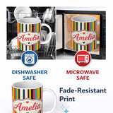 Personalized Custom Name Abstract Vertical Multicolor Stripe Style Seamless Pattern Name Cute 11oz Ceramic Coffee Tea Mug White Large Handle