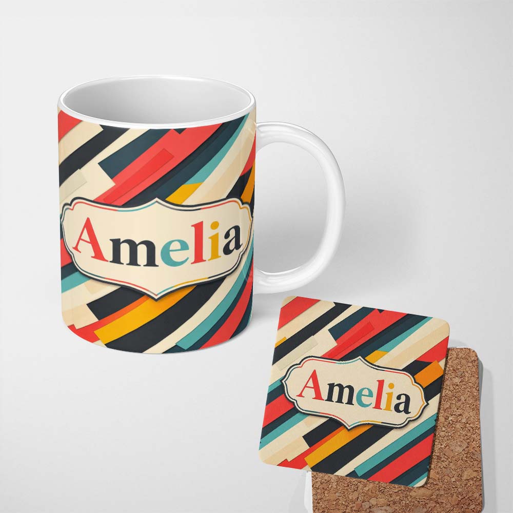 Personalized Custom Name Abstract Angled Color Block Stripes Contemporary Seamless Pattern 11oz Ceramic Coffee Tea Mug White Large Handle