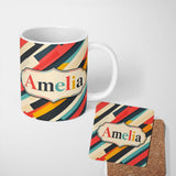 Personalized Custom Name Abstract Angled Color Block Stripes Contemporary Seamless Pattern 11oz Ceramic Coffee Tea Mug White Large Handle