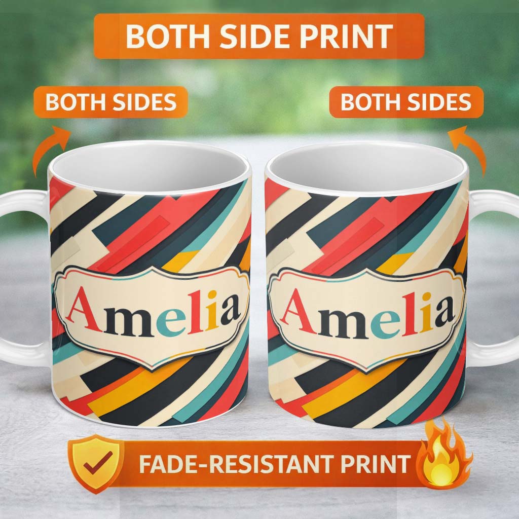 Personalized Custom Name Abstract Angled Color Block Stripes Contemporary Seamless Pattern 11oz Ceramic Coffee Tea Mug White Large Handle