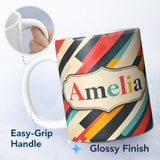 Personalized Custom Name Abstract Angled Color Block Stripes Contemporary Seamless Pattern 11oz Ceramic Coffee Tea Mug White Large Handle