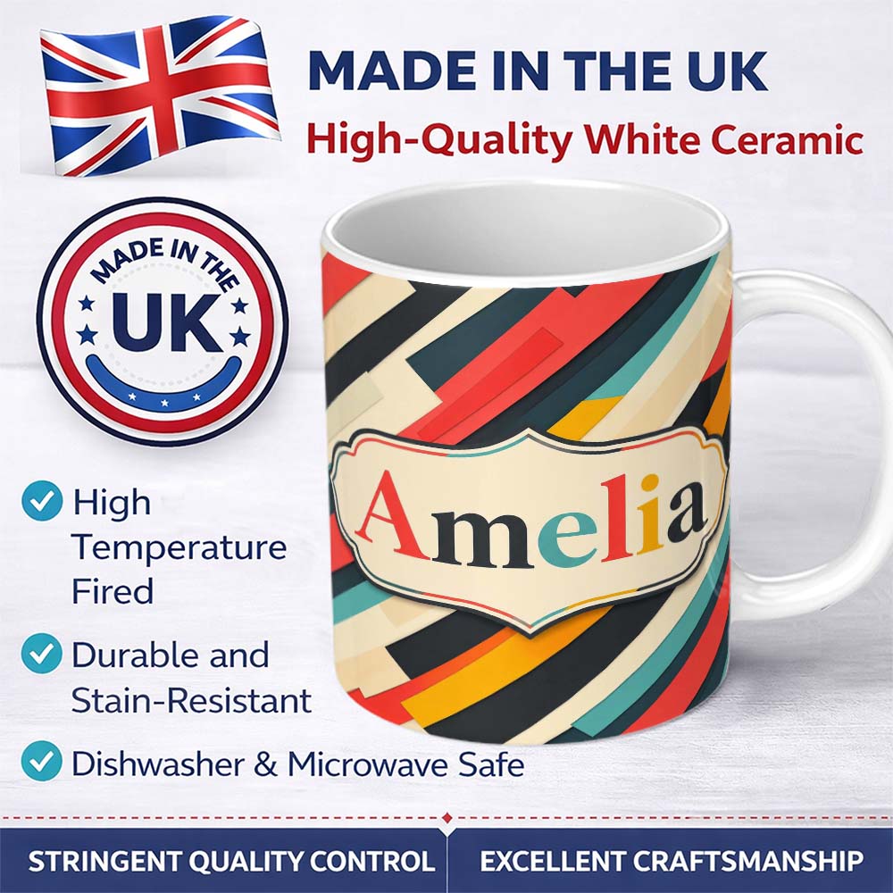 Personalized Custom Name Abstract Angled Color Block Stripes Contemporary Seamless Pattern 11oz Ceramic Coffee Tea Mug White Large Handle