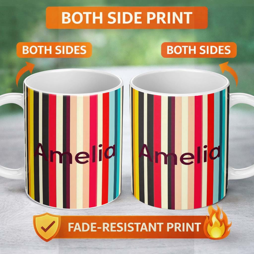 Personalized Custom Name Abstract Wavy Vertical Color Lines Seamless Pattern Name Cute 11oz Ceramic Coffee Tea Mug White Large Handle