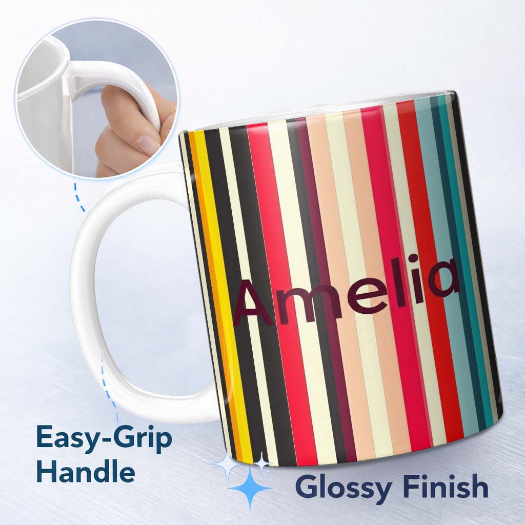 Personalized Custom Name Abstract Wavy Vertical Color Lines Seamless Pattern Name Cute 11oz Ceramic Coffee Tea Mug White Large Handle