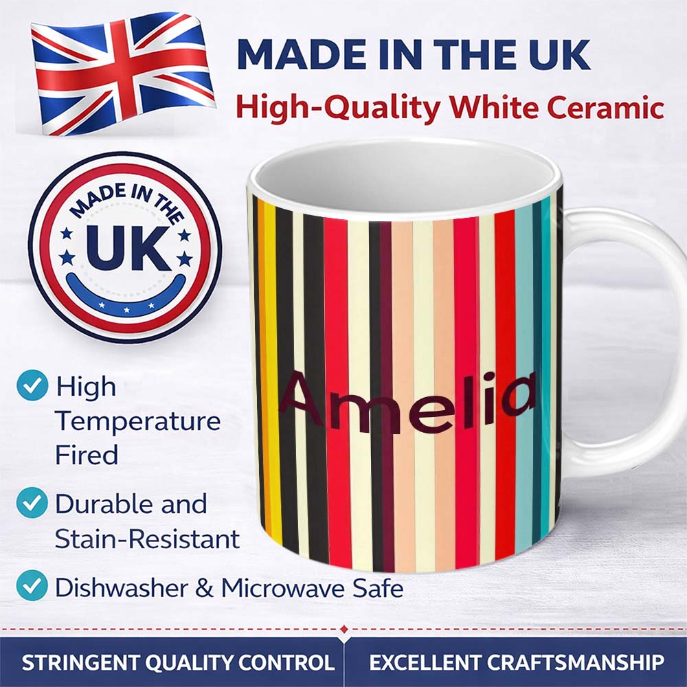 Personalized Custom Name Abstract Wavy Vertical Color Lines Seamless Pattern Name Cute 11oz Ceramic Coffee Tea Mug White Large Handle