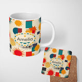 Personalized Custom Name Abstract Geometric Sunburst Shapes Mid Century Seamless Pattern 11oz Ceramic Coffee Tea Mug White Large Handle