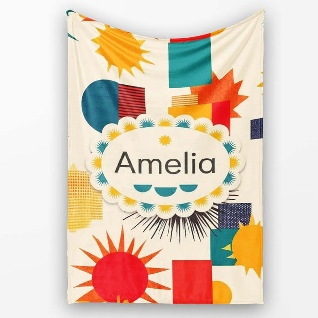 Abstract Geometric Sunburst Shapes Mid Century Seamless Pattern  Personalised Custom Name Super Soft Fleece Blanket Bed Sofa Throw
