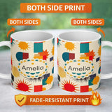 Personalized Custom Name Abstract Geometric Sunburst Shapes Mid Century Seamless Pattern 11oz Ceramic Coffee Tea Mug White Large Handle