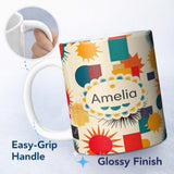 Personalized Custom Name Abstract Geometric Sunburst Shapes Mid Century Seamless Pattern 11oz Ceramic Coffee Tea Mug White Large Handle