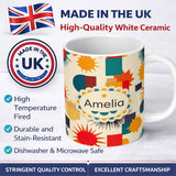 Personalized Custom Name Abstract Geometric Sunburst Shapes Mid Century Seamless Pattern 11oz Ceramic Coffee Tea Mug White Large Handle