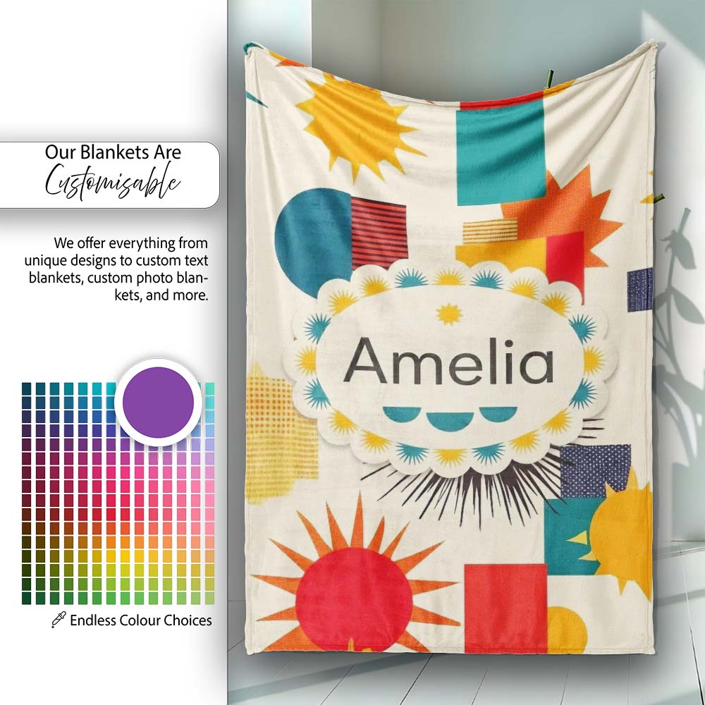 Abstract Geometric Sunburst Shapes Mid Century Seamless Pattern  Personalised Custom Name Super Soft Fleece Blanket Bed Sofa Throw