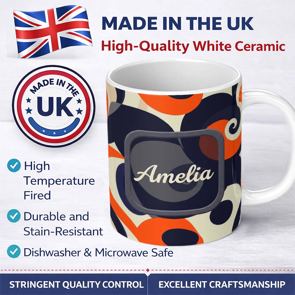 Personalized Custom Name Abstract Organic Curved Shapes Bold Modern Seamless Pattern Name 11oz Ceramic Coffee Tea Mug White Large Handle