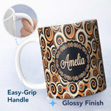 Personalized Custom Name Abstract Spiral Swirl Bold Contrast Seamless Pattern Name Cute 11oz Ceramic Coffee Tea Mug White Large Handle