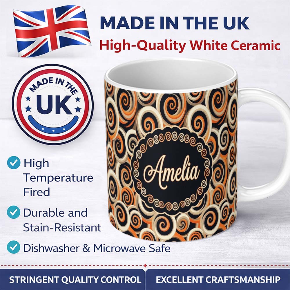 Personalized Custom Name Abstract Spiral Swirl Bold Contrast Seamless Pattern Name Cute 11oz Ceramic Coffee Tea Mug White Large Handle