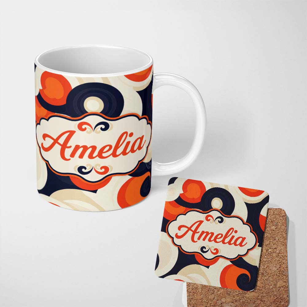 Personalized Custom Name Abstract Swirl Shapes Bold Contrast Seamless Pattern Name Cute 11oz Ceramic Coffee Tea Mug White Large Handle