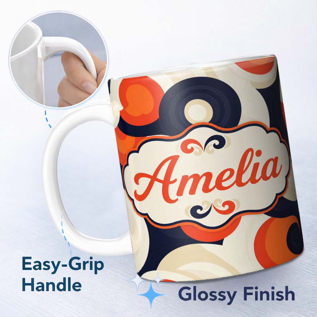 Personalized Custom Name Abstract Swirl Shapes Bold Contrast Seamless Pattern Name Cute 11oz Ceramic Coffee Tea Mug White Large Handle